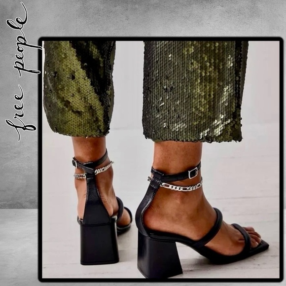 FREE PEOPLE Parker Chain Leather Block Heel Chain-Wrap Ankle Sandals/Heels NWT - Picture 4 of 16